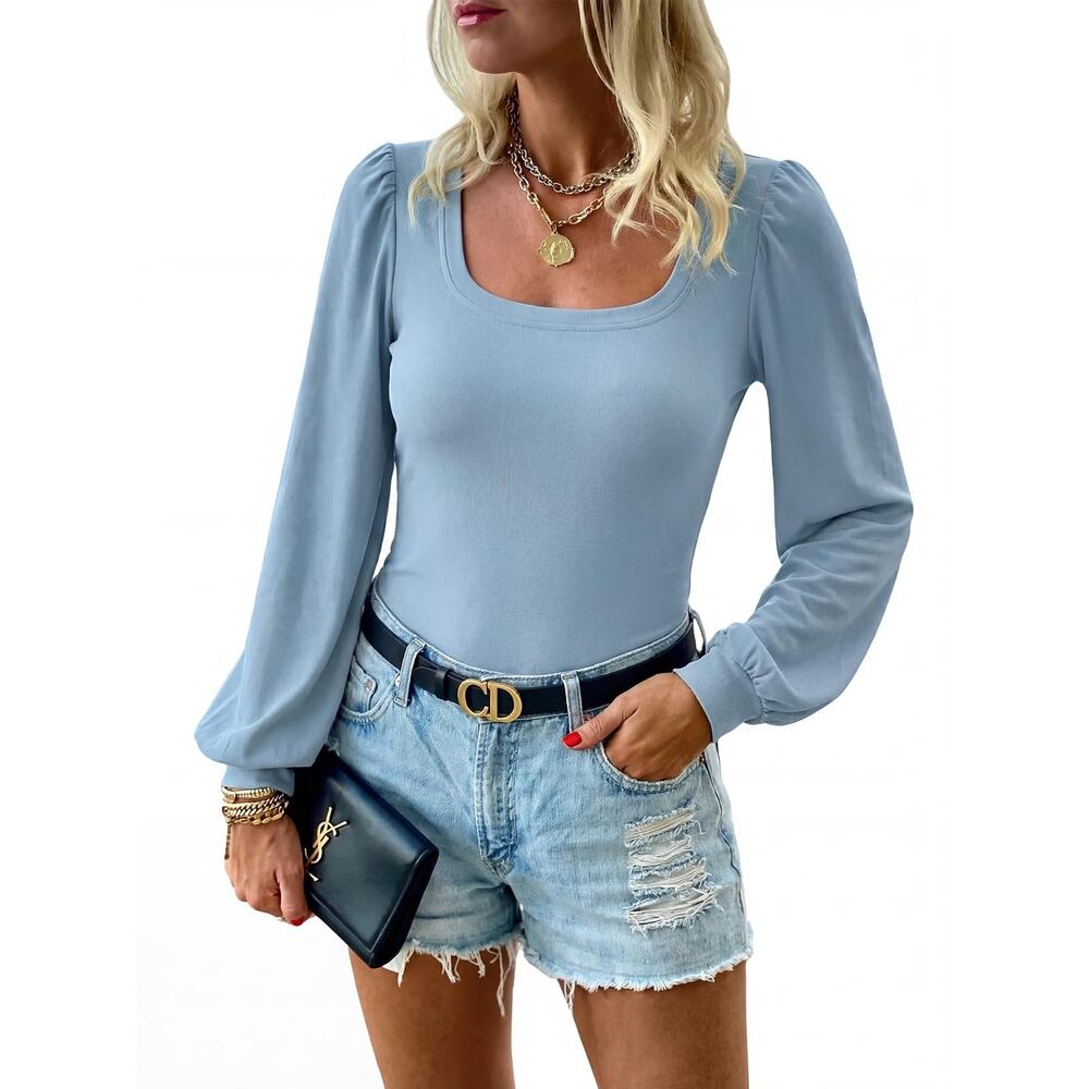HEYTALALA Womens Puff Sleeve Sweater Top XL Blue Square Neck Long Sleeve